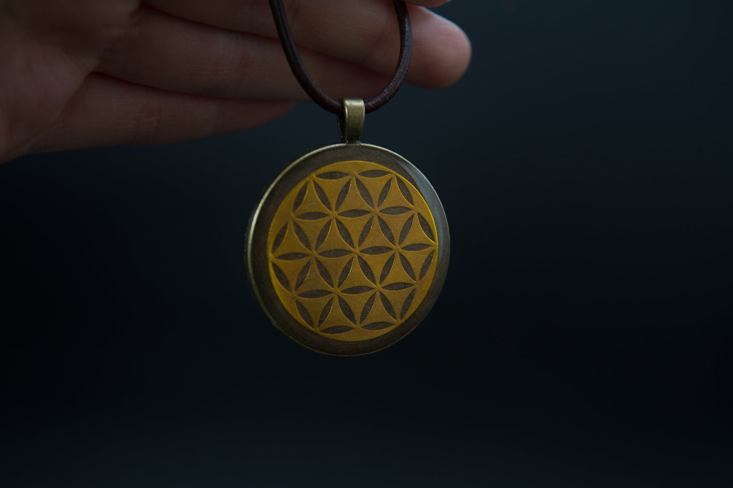Orgonite Pendant – Flower of Life in Bronze – Talisman for Grounding & Stability