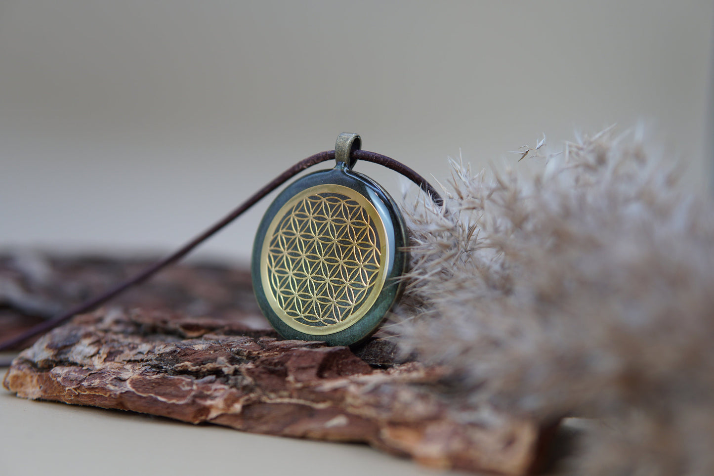 Orgonite Amulet Flower of Life – Jade Green Bronze Sacred Geometry Jewelry