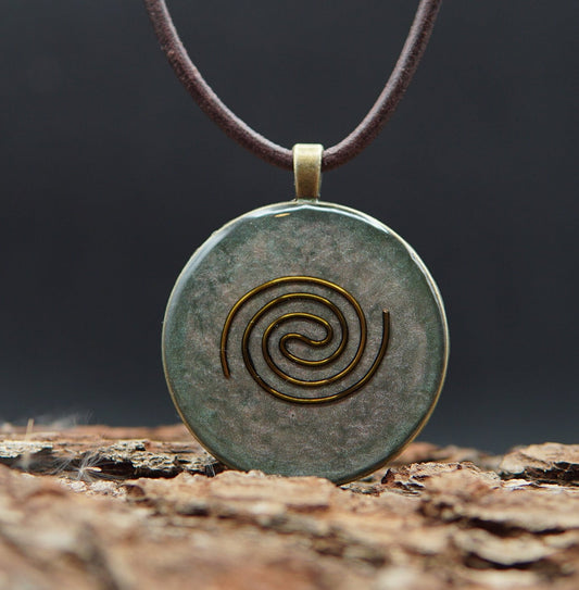 Cosmic Spiral Orgonite Pendant – Chi & Prana Sacred Geometry Protection in Green Bronze