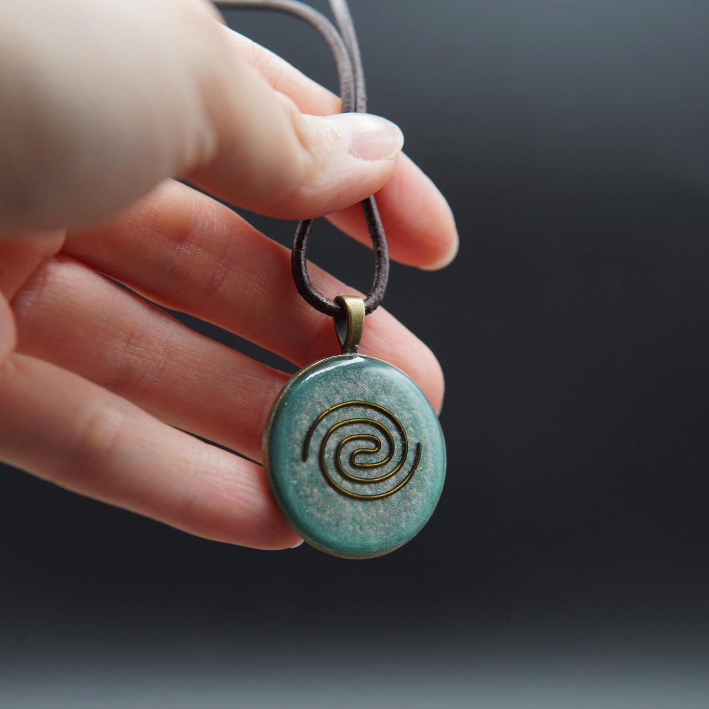 Orgonite Pendant – Cosmic Spiral for Lightwork, Prana & Protection (Green Bronze)